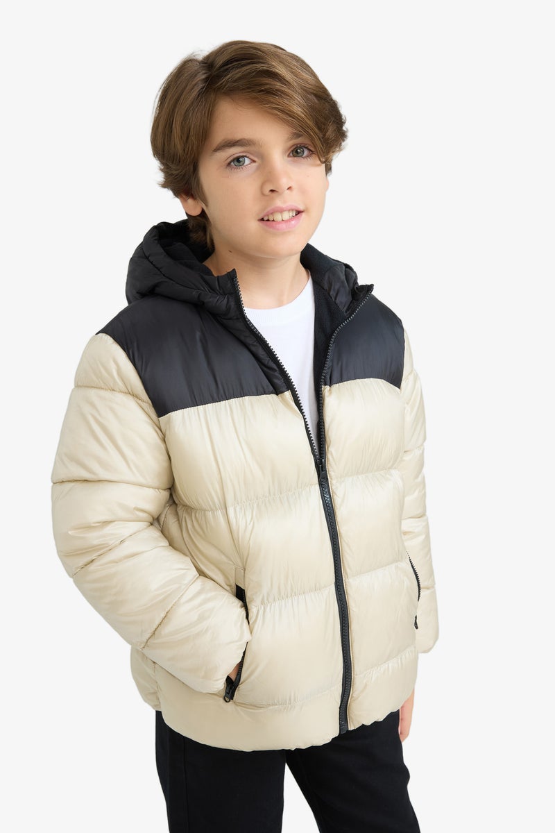 DeFacto Beige Boy Boy Hooded Zippered Waterproof Puffer Jacket Casual - Image 3